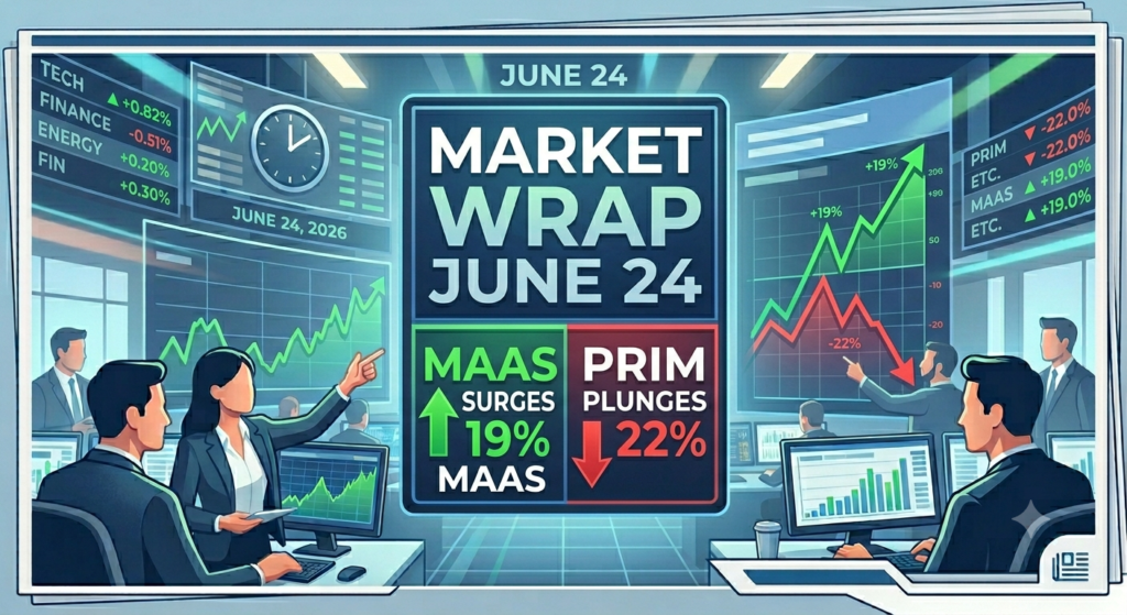 MAAS Surges 19% as PRIM Plunges 22% — Market Wrap June 24