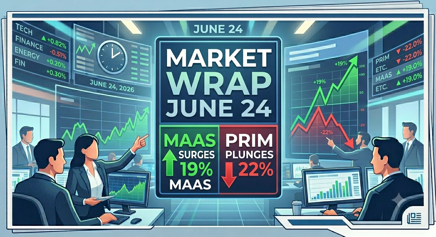 MAAS Surges 19% as PRIM Plunges 22% — Market Wrap June 24